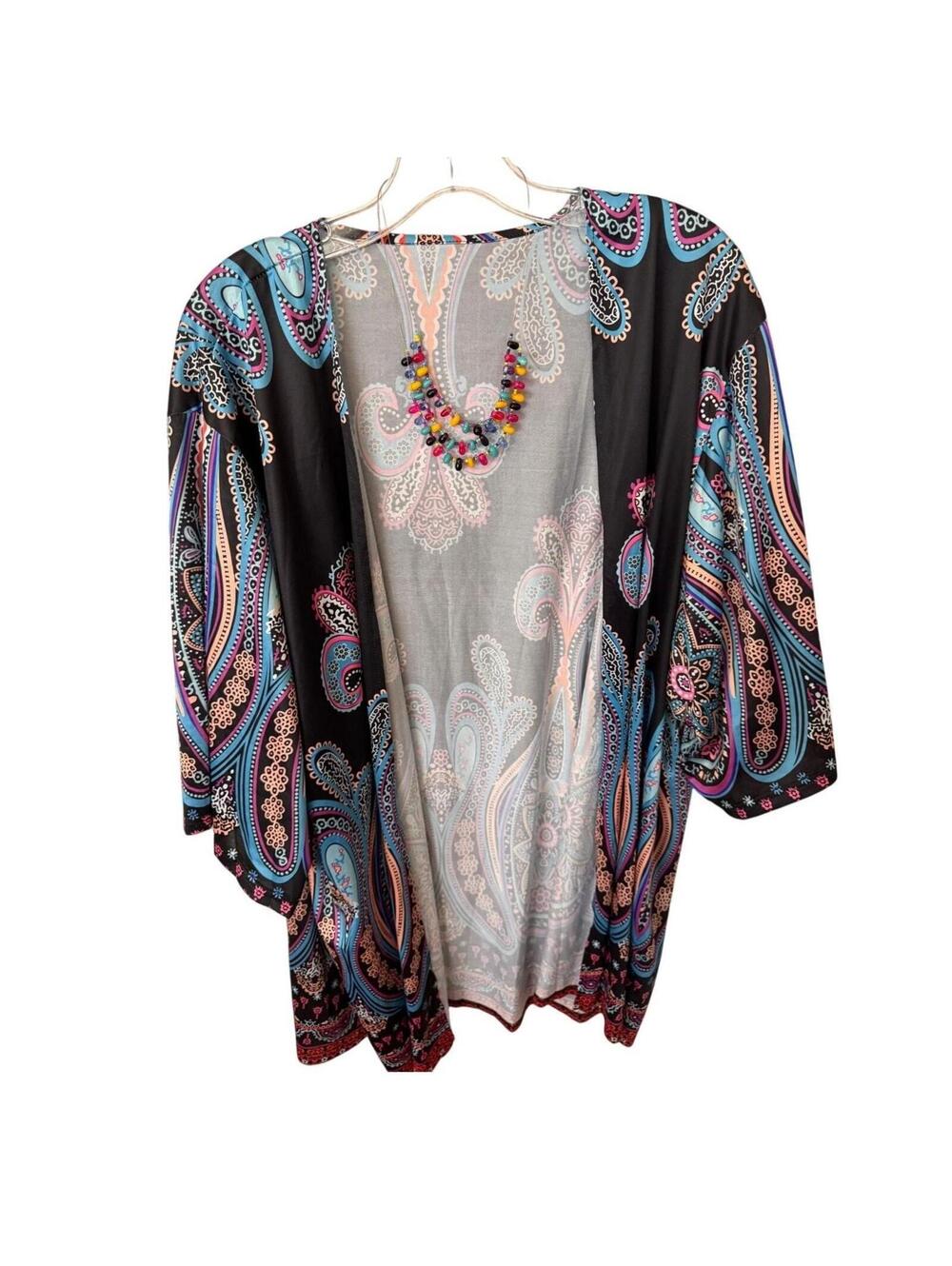R86 Bundle 3XL Colorful Paisley Kimono 31" PTP & Necklace R0000086